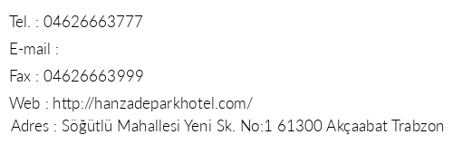Hanzadepark Hotel telefon numaralar, faks, e-mail, posta adresi ve iletiim bilgileri